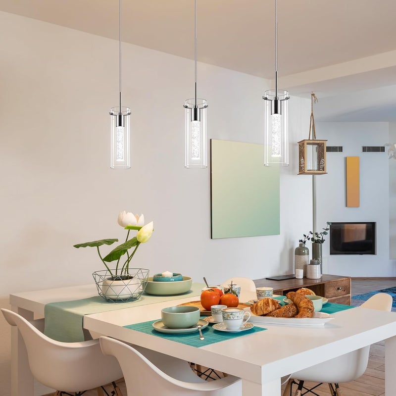 Esfos Pendant Ceiling Light Fixture, LED Kitchen Lighting Crystal Pendant Lights Kitchen Island, 1-Light Integrated Kitchen Hanging Light Fixture Modern Island Light with Bubble Glass Three Pack - Image 5